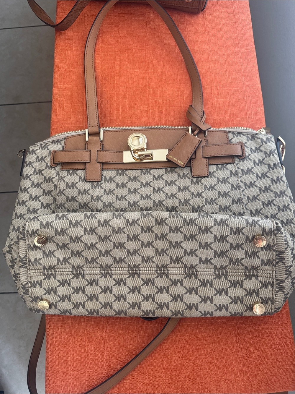 Michael Kors Brown and Beige MK Logo Tote with Gold Hardware